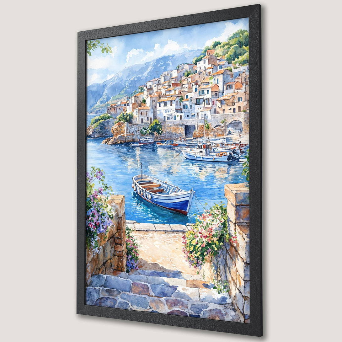 Framed Poster of a coastal village watercolor painting. Features blue, white, and earth-toned palette. Perfect wall art for a serene vibe.