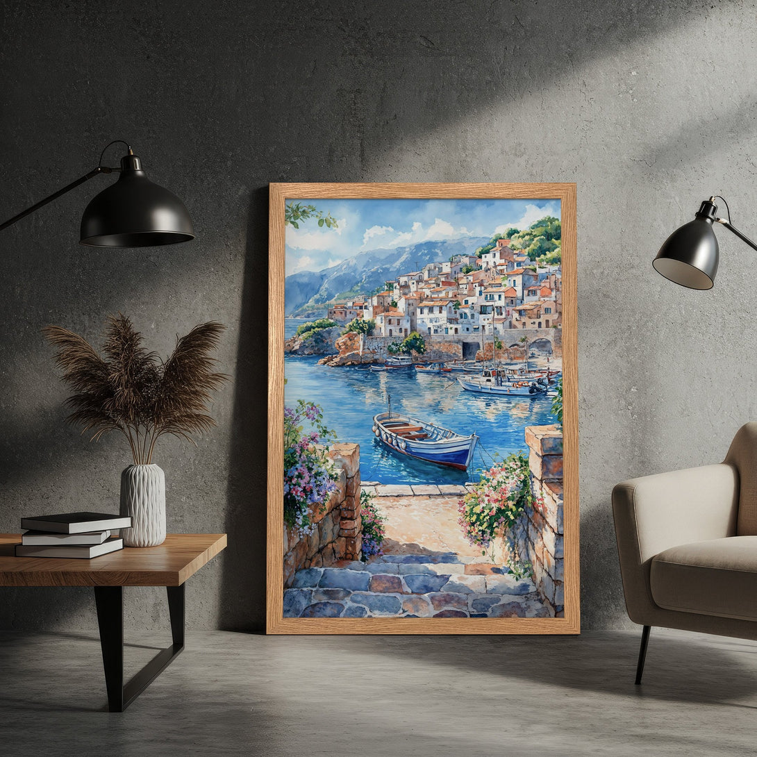 Framed Poster of a coastal village watercolor painting. Features blue, white, and earth tone colors. Perfect wall art for your home!
