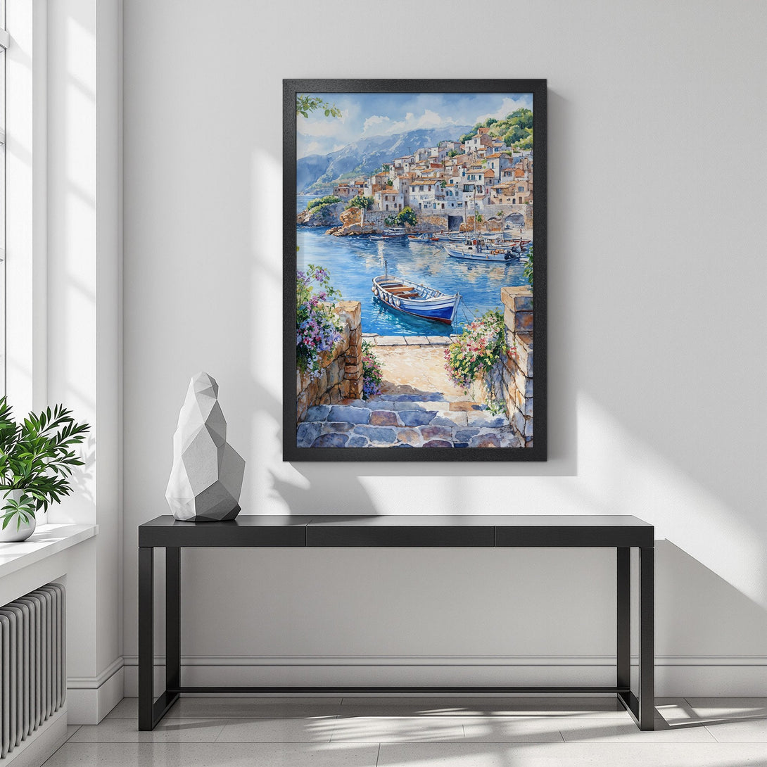 Framed Poster of coastal village in watercolor style, featuring blue, white, and green hues. Perfect for home decor!