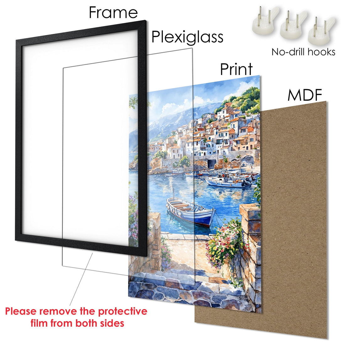 Framed Poster featuring a coastal watercolor painting. Showcasing a vibrant blue, white, and warm color palette. Perfect wall art for your home!