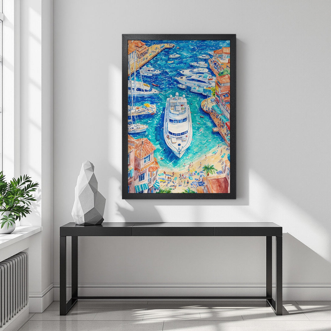 Framed Poster: Watercolor yacht scene with blue, teal, and orange tones. Coastal art print for your home decor.