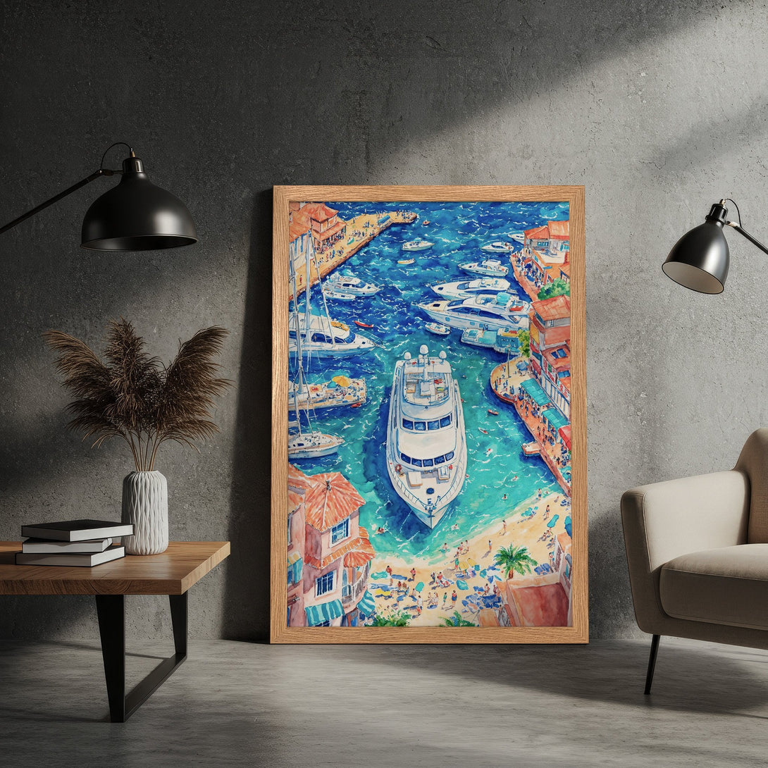 Framed Poster featuring a watercolor painting of a harbor scene with boats. Vibrant blues, greens, and warm tones create a relaxing coastal vibe.