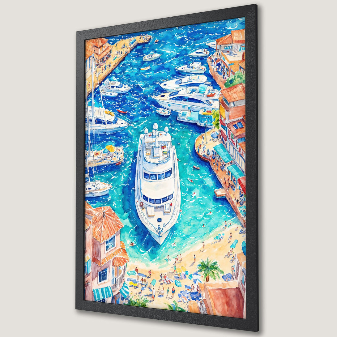 Framed Poster of a coastal scene with boats in watercolor style, showcasing a vibrant blue and orange color palette. Perfect wall art!