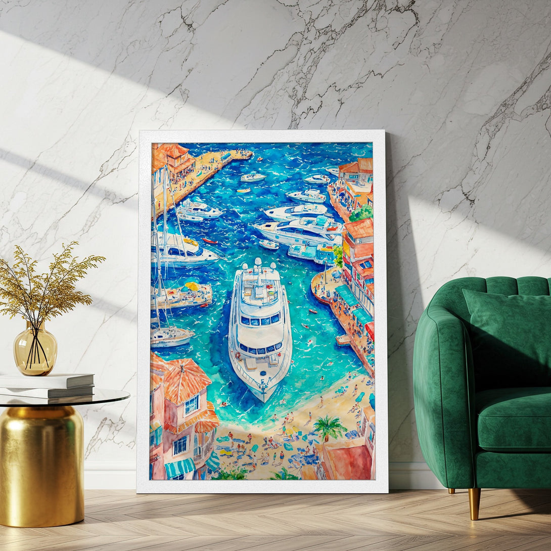 Framed Poster of a watercolor harbor scene with boats, vibrant blue water, and colorful buildings. A stunning piece of art!