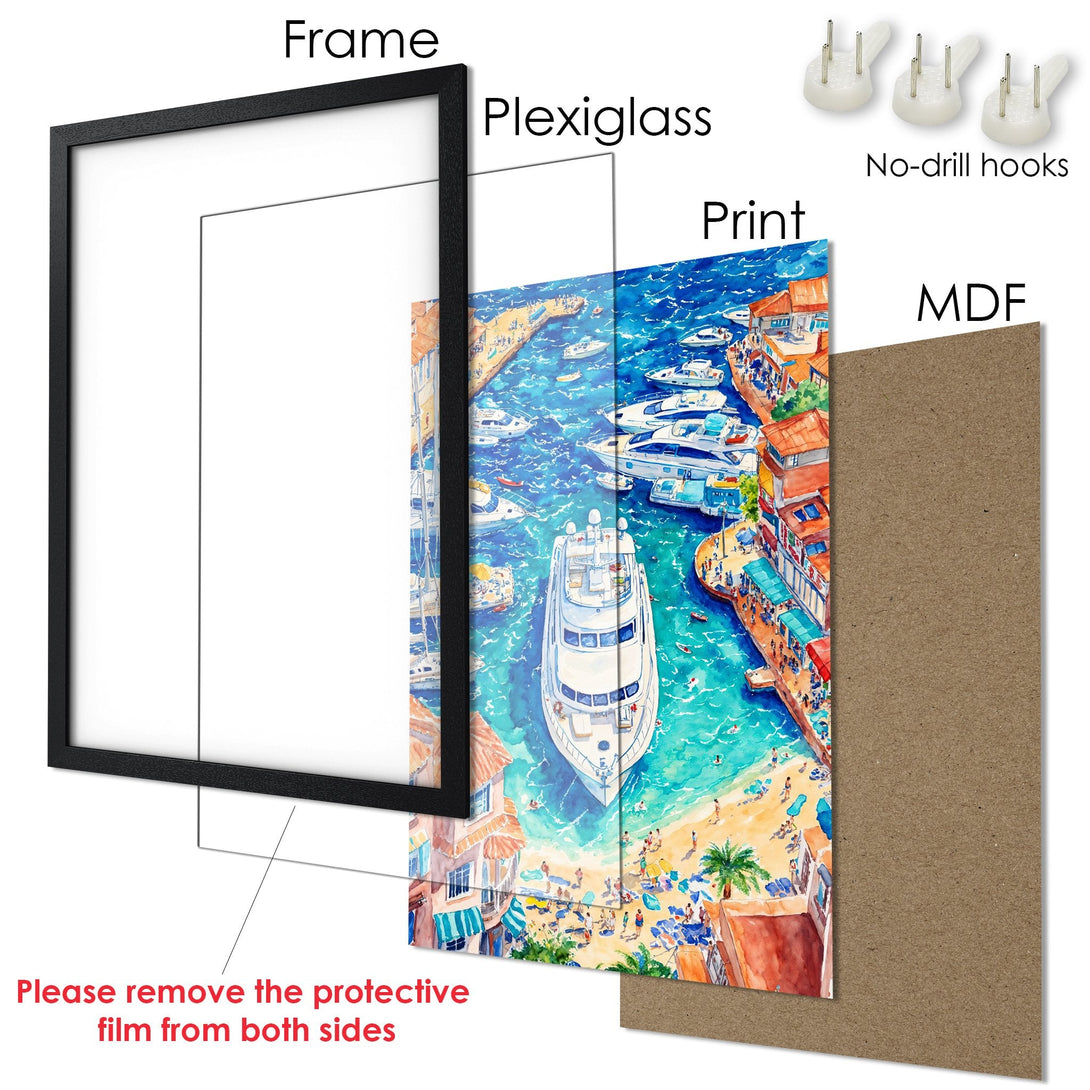 Framed Poster: Watercolor art of a harbor scene with boats, vibrant blues & oranges. Ready to hang wall art.