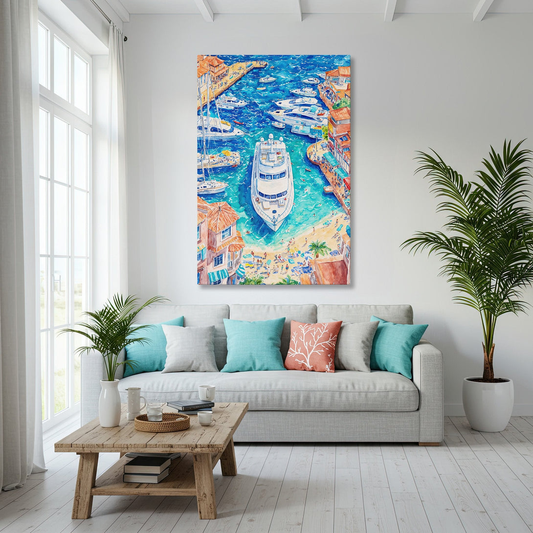 Framed Wall Art: Watercolor coastal scene with boats & beach, displayed in a bright living room. Blue, gold, and white color palette. Perfect for coastal decor.