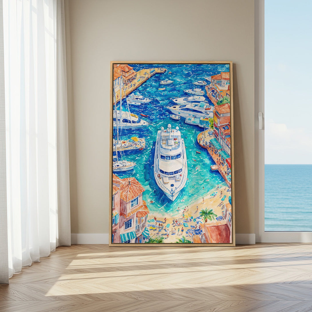 Framed Wall Art: Watercolor painting of a harbor with boats in vibrant blues, greens, and oranges. Coastal decor for a relaxing atmosphere.