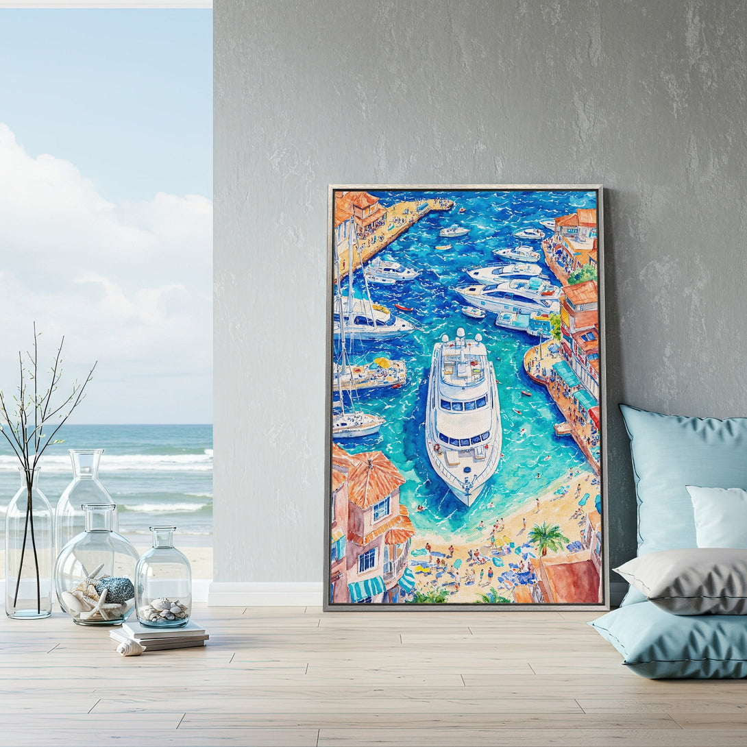Framed Wall Art: Watercolor coastal scene with boats & beach. Blue, turquoise & orange color palette. Perfect for adding a touch of seaside charm.