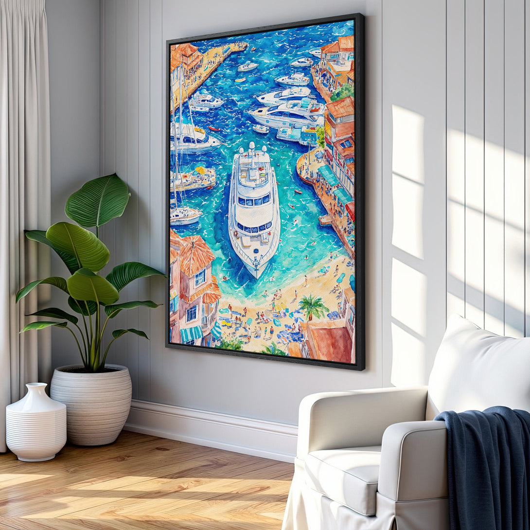Framed Wall Art: Watercolor painting of a harbor with boats, beach, and buildings. Blue, turquoise, and warm tones create a coastal vibe. Perfect for home decor.