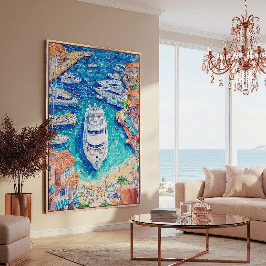 Framed Wall Art: Coastal watercolor scene in blue, orange, and white. Adds a touch of vacation to any room. Perfect for living room decor.