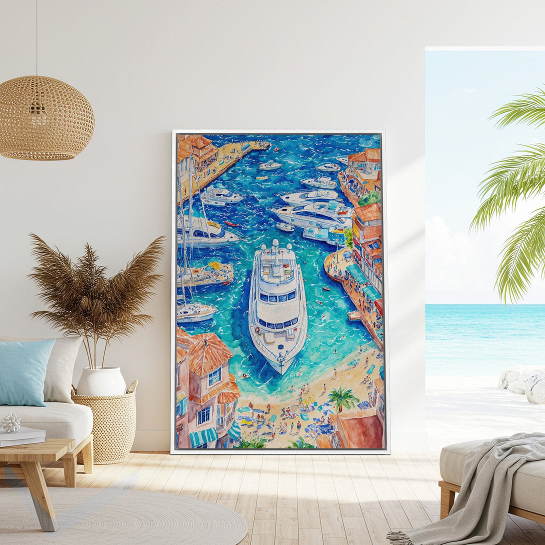 Framed Wall Art: Watercolor seascape Canvas Print with yachts in a harbor. Features a vibrant blue, turquoise, and orange color palette, perfect for coastal decor.