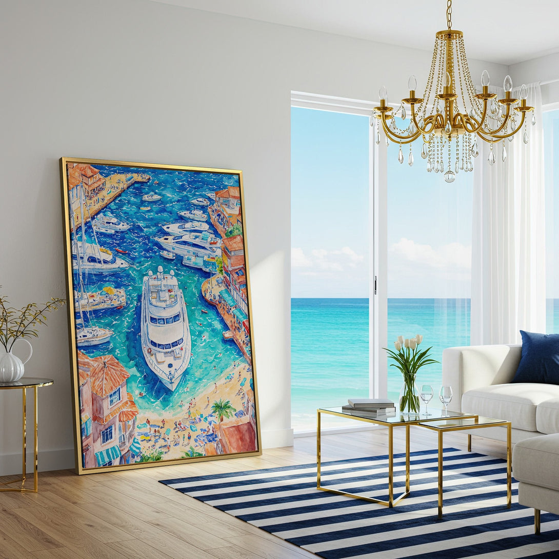 Canvas Print featuring a vibrant watercolor painting of a harbor scene with boats. Coastal art with blue, orange, and white hues, perfect for your home decor.