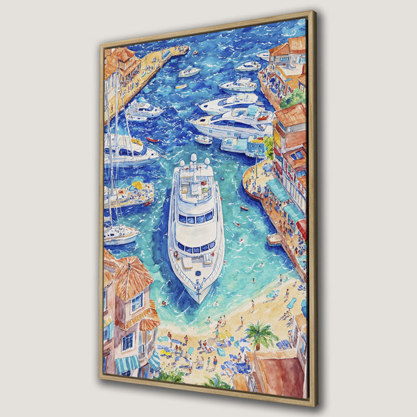 Framed Wall Art featuring a watercolor painting of a harbor scene with boats, beachgoers, and buildings. Blue, turquoise, and warm earth tones.
