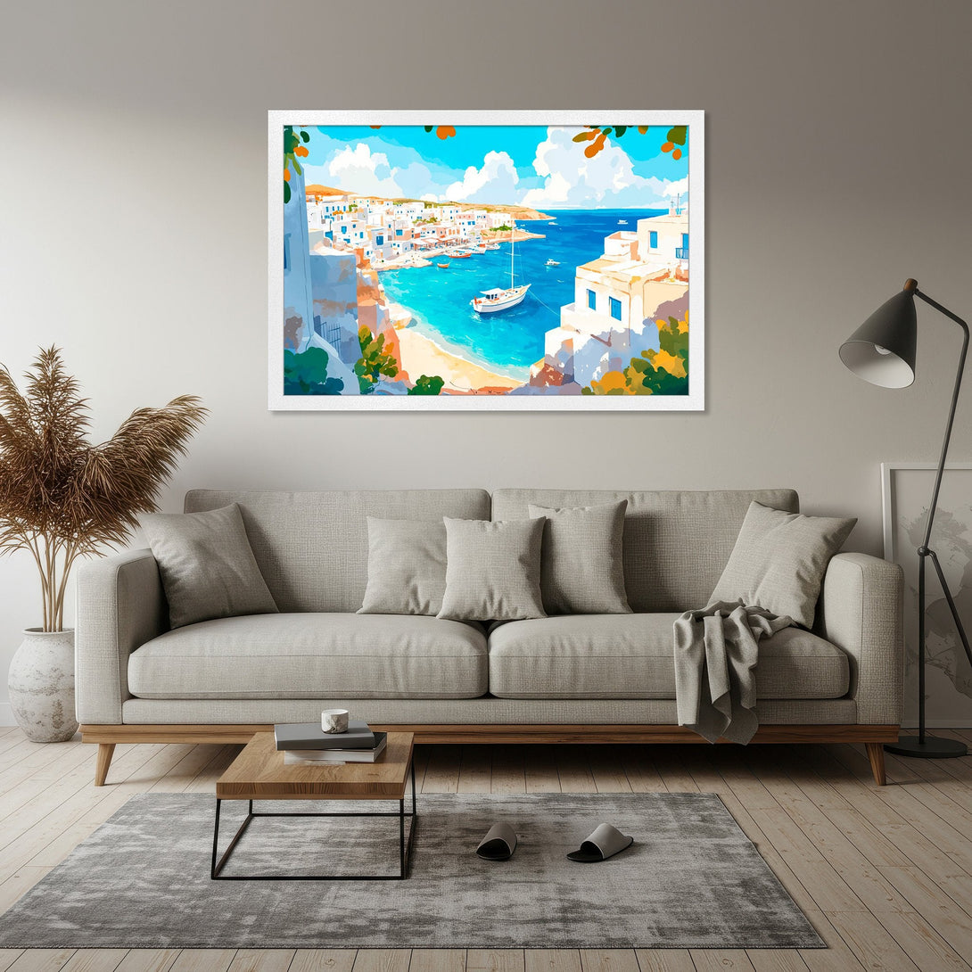 Framed Poster of a coastal village in a watercolor style, featuring blue, white, and orange hues. Perfect wall art for any space!