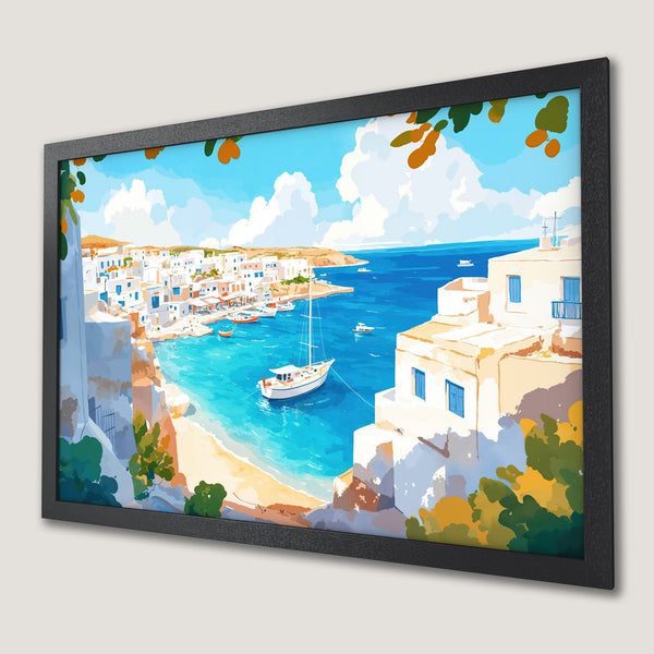 Framed Poster of a Mediterranean coastal village, vibrant blue and white color palette. Perfect wall art for a serene vibe.