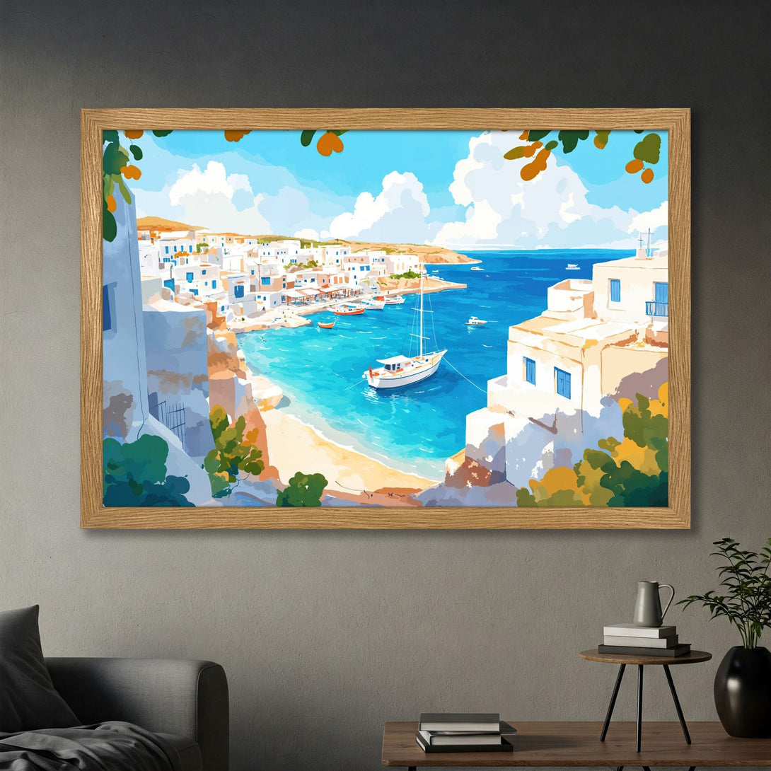 Framed Poster of a serene coastal village scene in a vibrant blue, white, and beige color palette. Perfect art for your home!