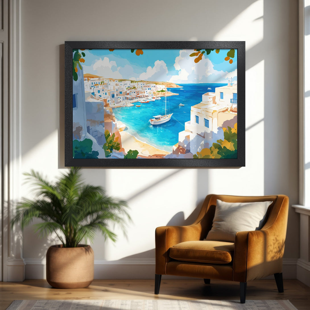 Framed Poster of a coastal village scene in watercolor style with blue, white, and orange hues. Perfect wall art for a vibrant home.