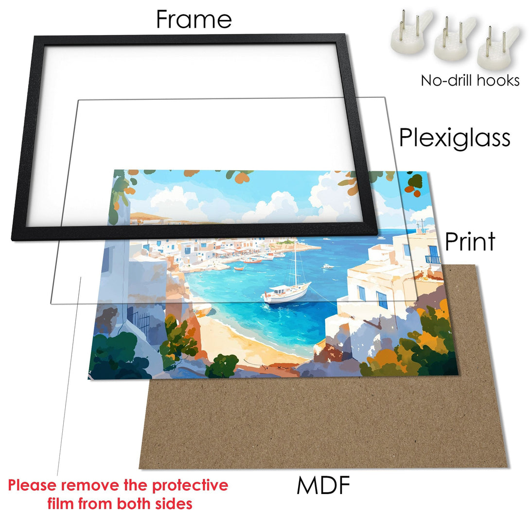 Framed Poster of a coastal scene in a watercolor style. Features a blue, white, and orange color palette. Perfect wall art!