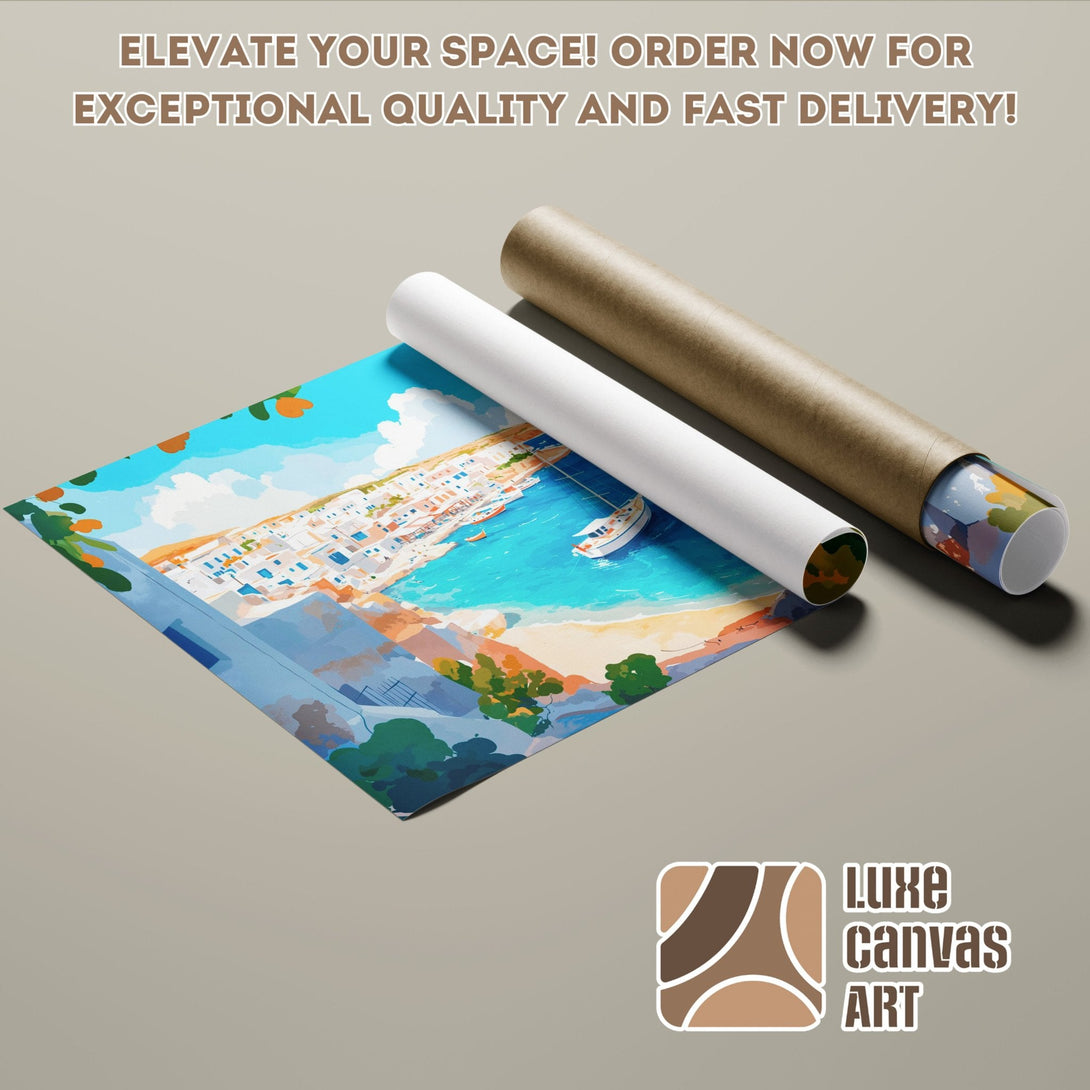 Coastal landscape Poster Roll art print, vibrant blues & oranges, perfect wall decor.