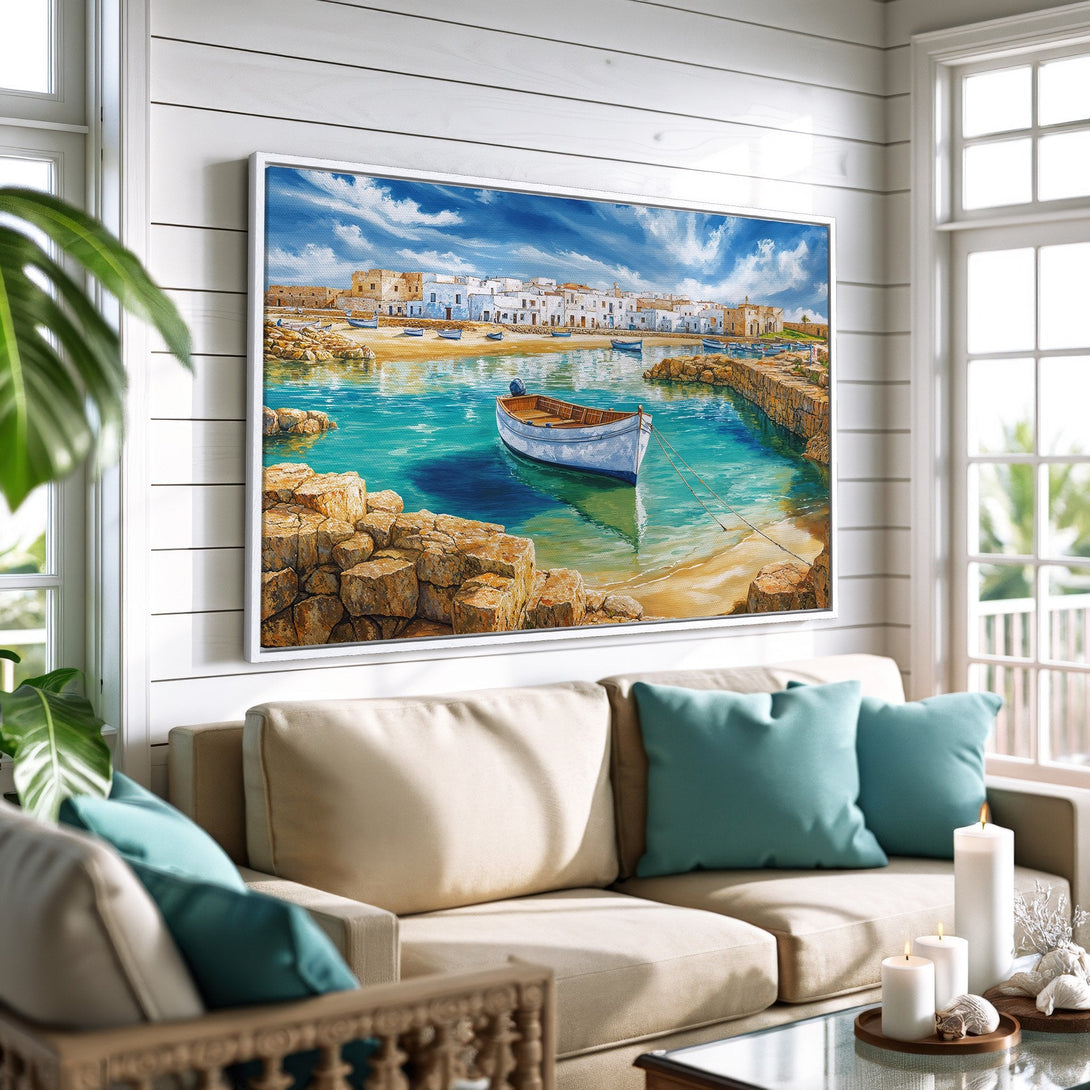 Framed Wall Art featuring a coastal scene with a boat in a turquoise bay. Warm, inviting color palette. Adds a touch of serenity to any room.