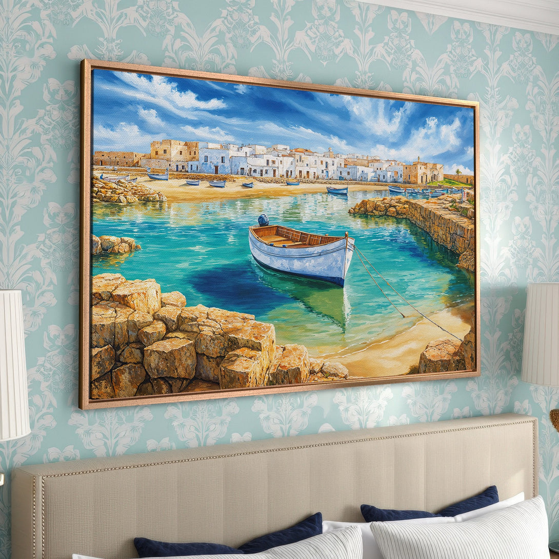 Framed Wall Art: Coastal town painting with turquoise water and blue sky. Mediterranean style art with a warm color palette. Perfect for home decor.