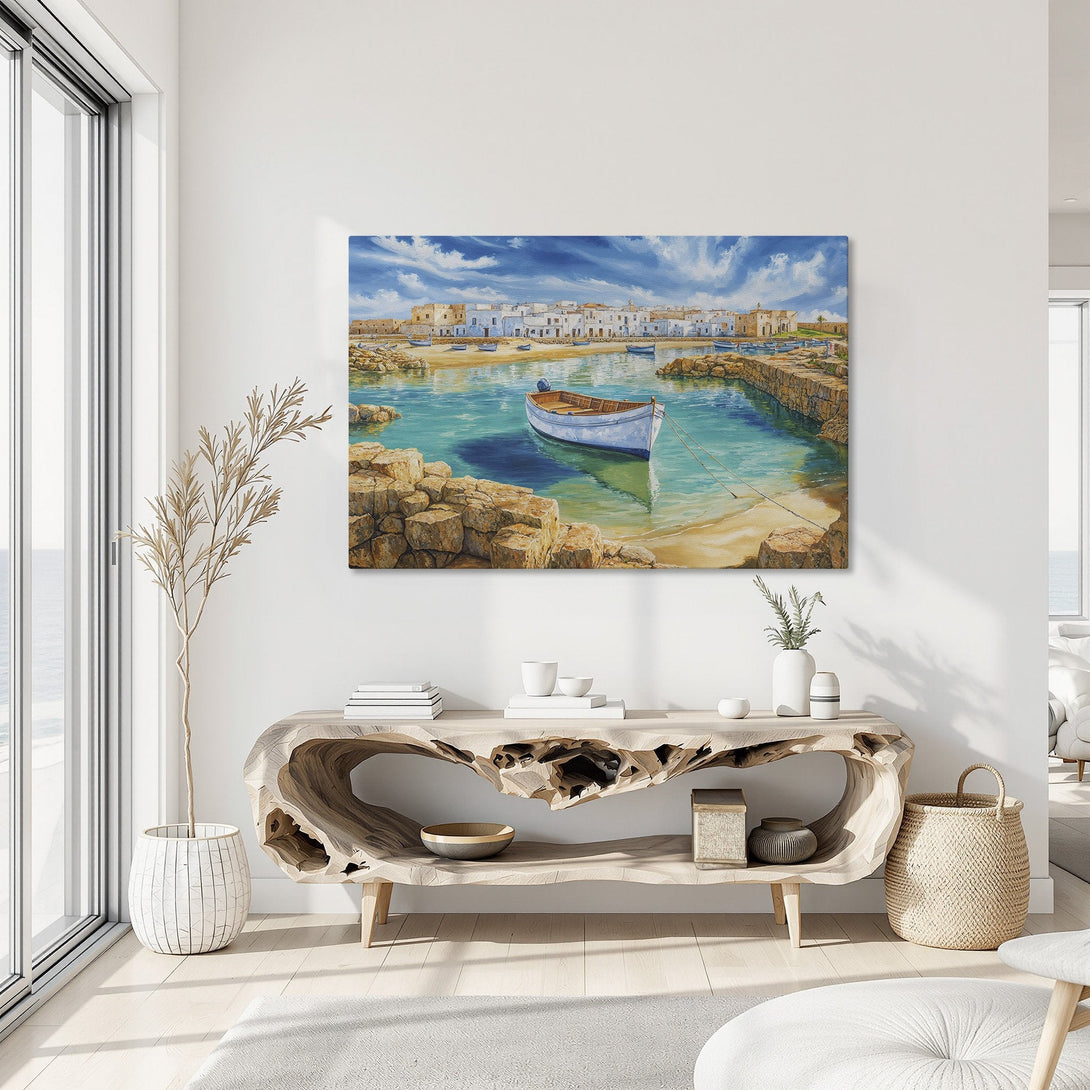 Framed Wall Art: Coastal scene Canvas Print with boat & village. Blue, turquoise, and white color palette. Perfect for adding a touch of serenity.