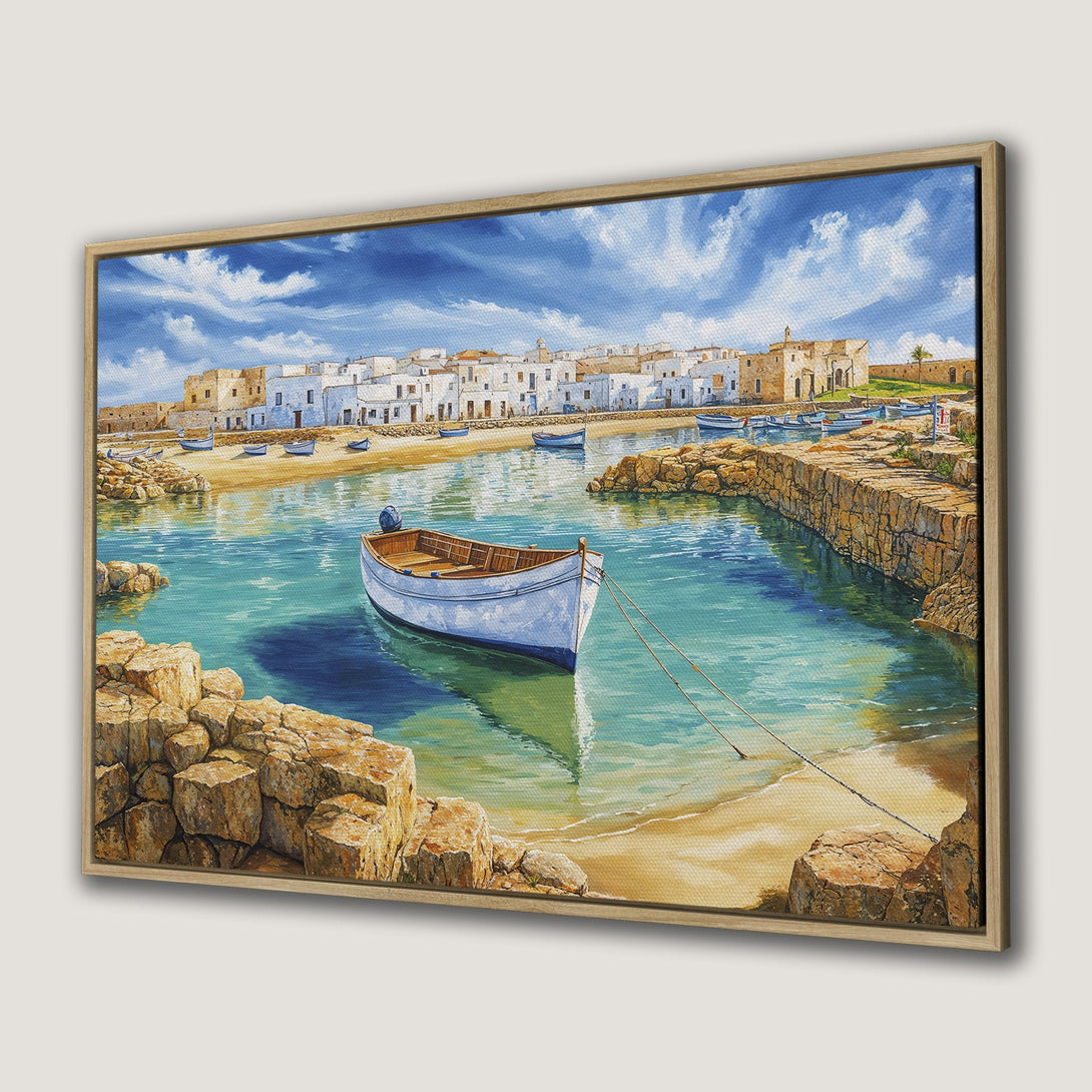 Framed Wall Art: Coastal village scene in a serene blue and white palette. Impressionistic style Canvas Print of a boat in a harbor. Perfect for home decor.
