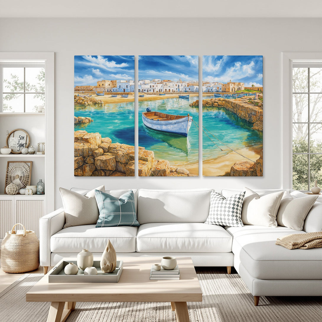 Canvas Print of a coastal scene with a boat, in a calming blue and beige palette. Perfect for adding a touch of serenity to any space.