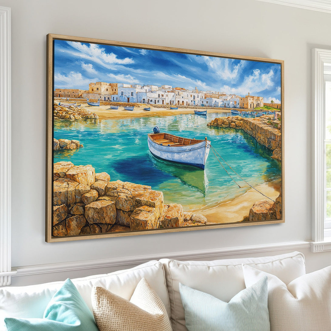 Framed Wall Art: Coastal village scene with a boat, bright blues, and warm tones. Perfect for adding a touch of serenity to your home.