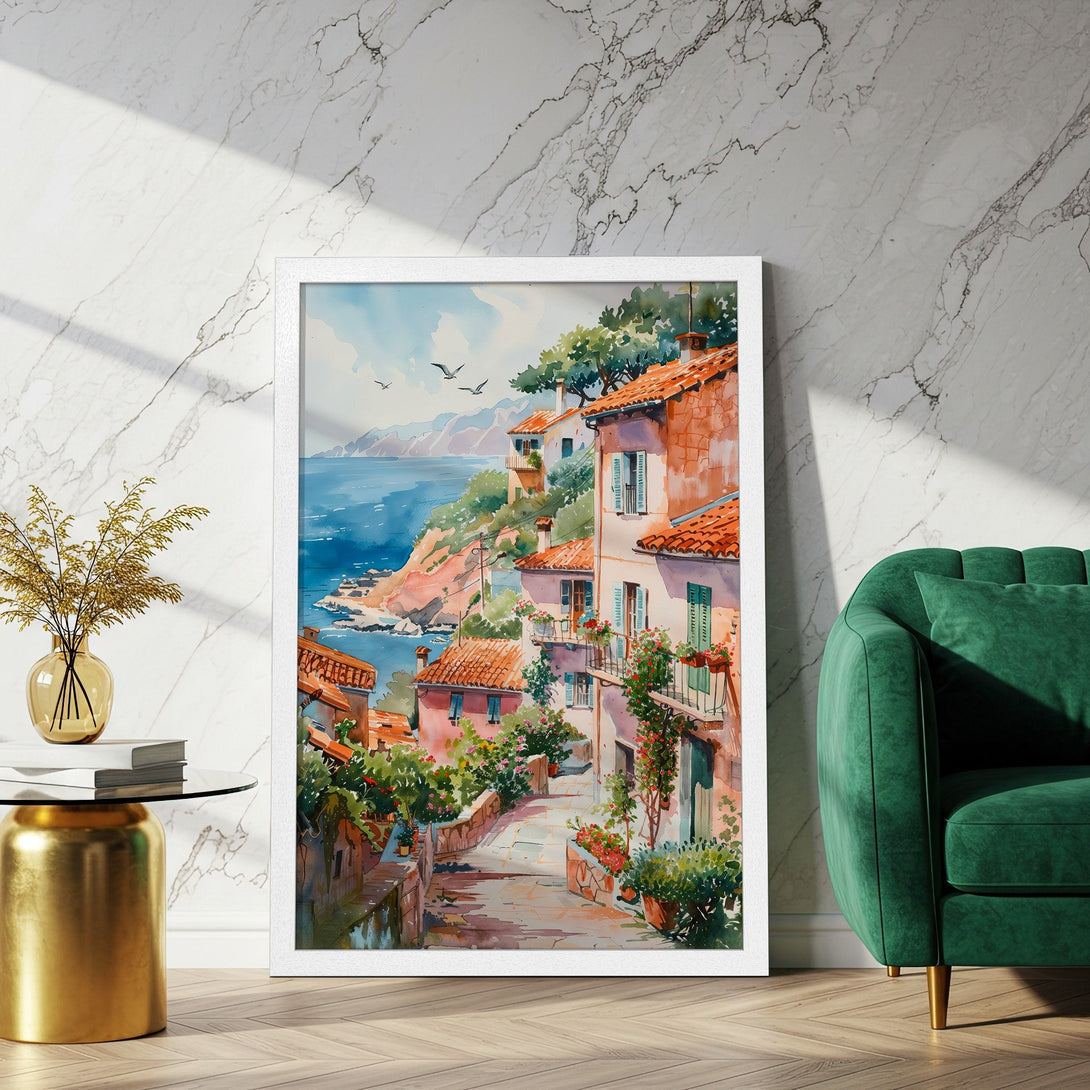 Framed Poster of a charming coastal village in watercolor style. Features a warm color palette with reds, blues, and greens. Perfect wall art!
