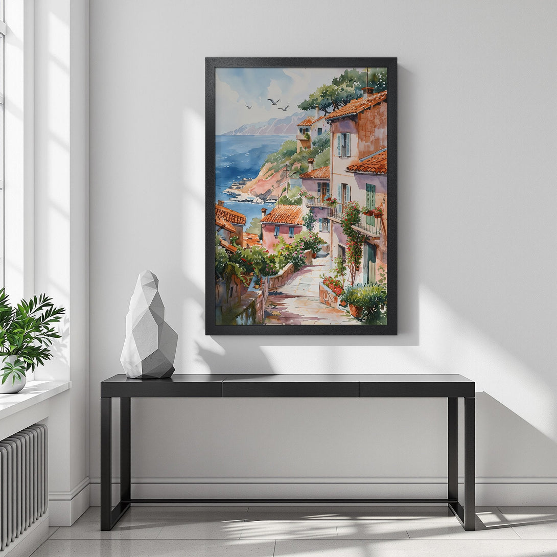 Framed Poster of a Mediterranean village scene, watercolor style, with a warm, inviting color palette. Perfect wall art!