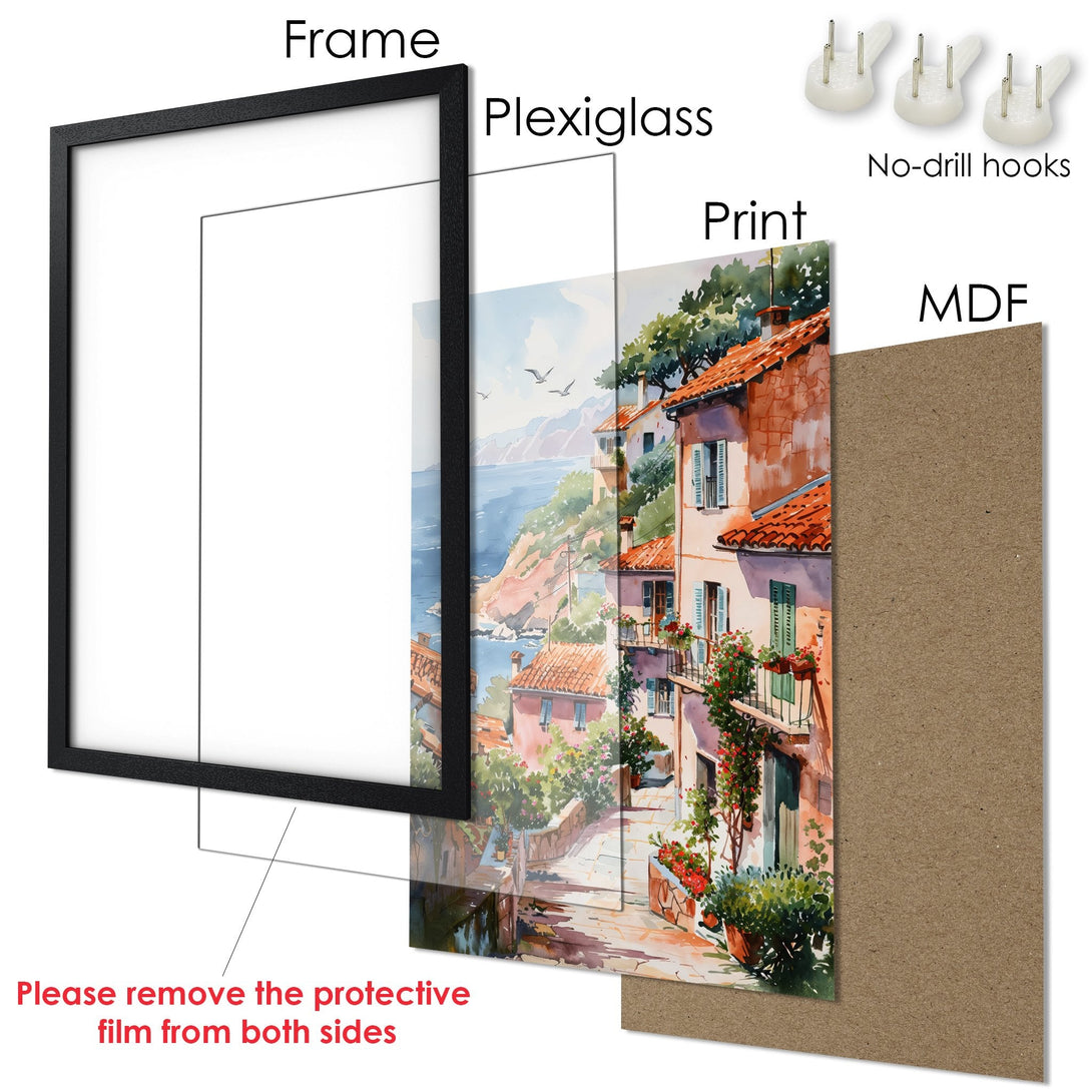 Framed Poster featuring a watercolor coastal scene in warm tones. Add this beautiful art print to your home decor today!