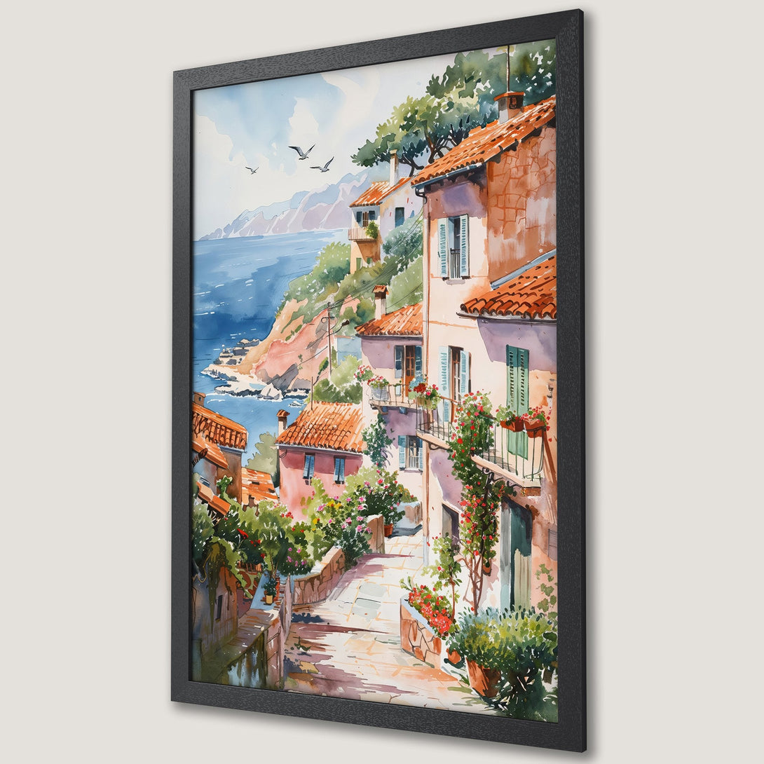 Framed Poster of a watercolor Italian coastal village scene. Features warm tones, vibrant colors, and a charming aesthetic. Perfect wall art!