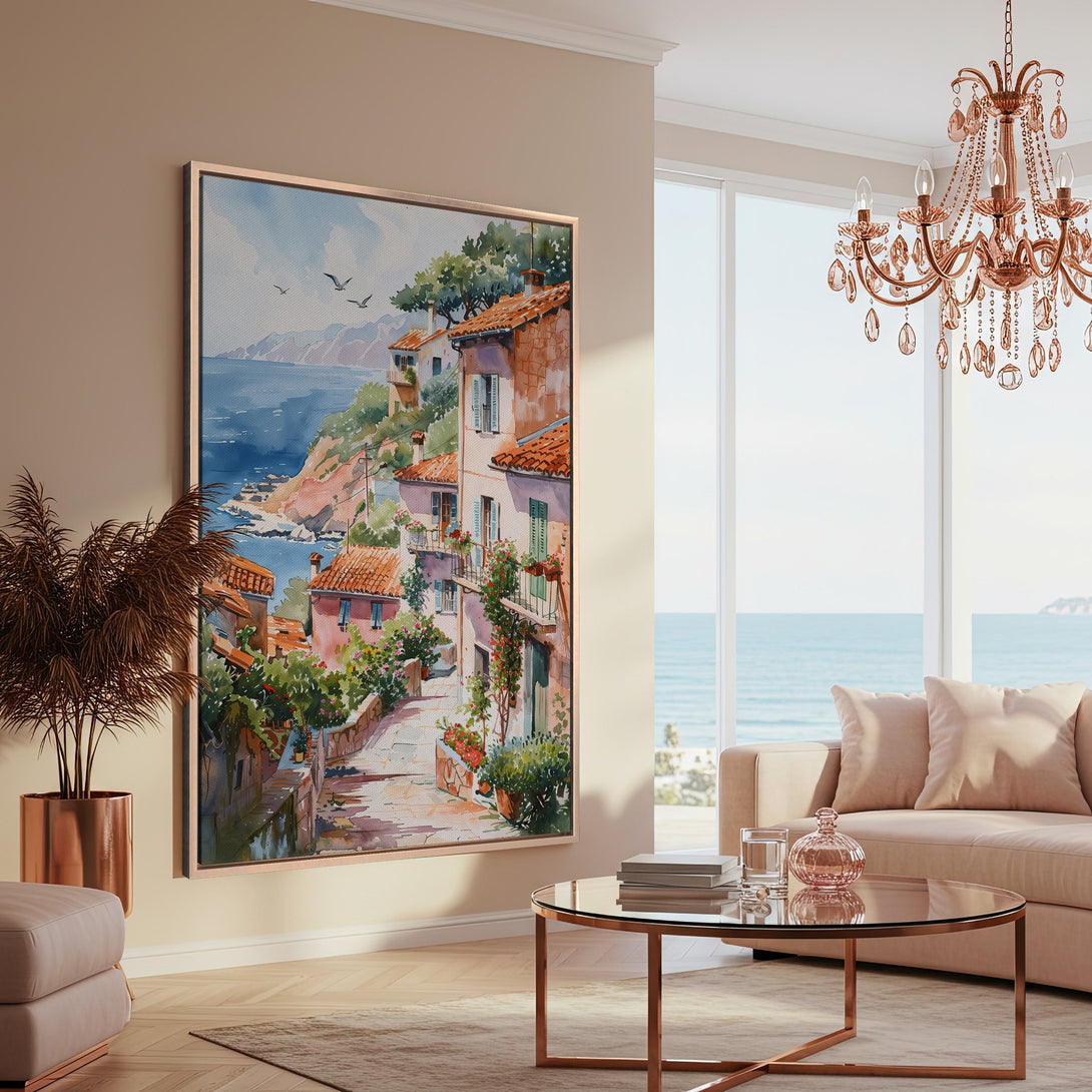 Framed Wall Art: Watercolor coastal scene in warm, inviting tones. Perfect for adding a touch of serenity and style to your living room.