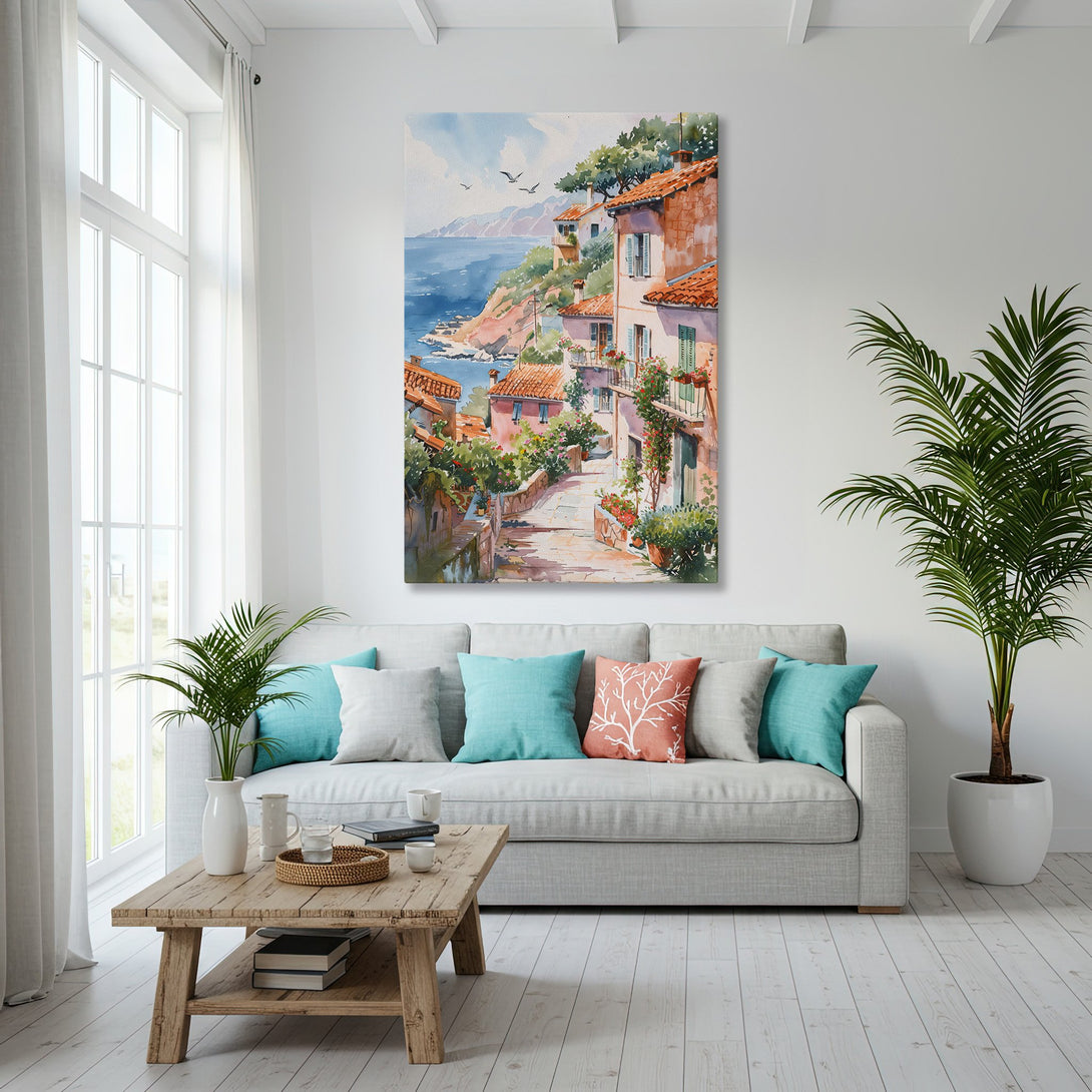 Framed Wall Art: Watercolor coastal scene in warm tones. Adds a touch of serenity to any room. Shop our Canvas Print collection today!