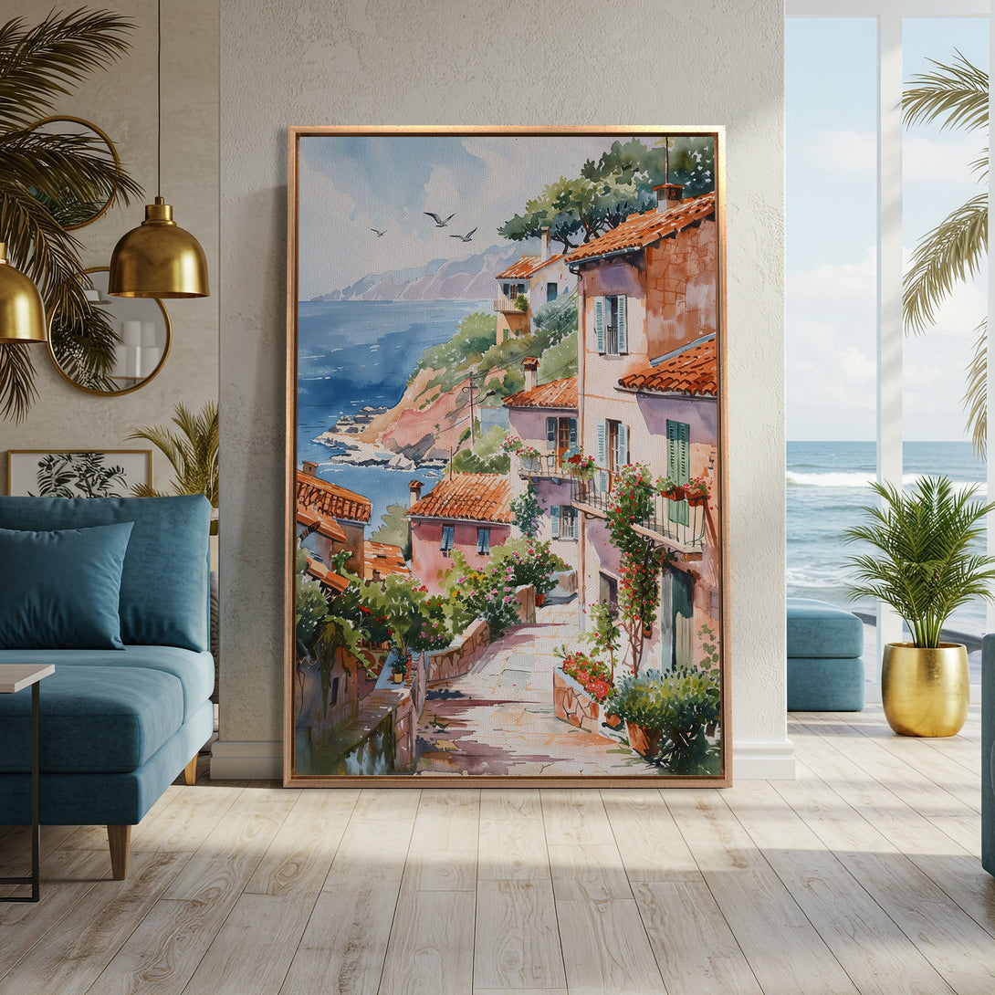 Framed Wall Art: Watercolor painting of coastal village with warm tones. Perfect for adding a touch of Mediterranean charm to your home decor. Shop now!