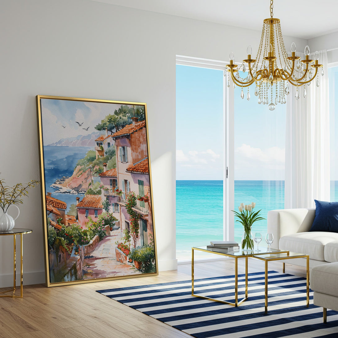 Canvas Print of a charming watercolor coastal village scene, featuring warm terracotta, blue, and green hues. Perfect wall art for a cozy home.