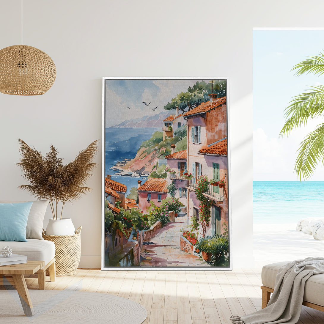 Framed Wall Art: Watercolor coastal village scene. Warm terracotta, blues, and greens create a serene, Mediterranean vibe. Perfect for your home decor!