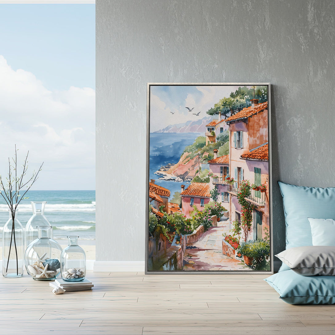 Framed Wall Art featuring a watercolor coastal village scene. Warm terracotta, blues, and greens create a serene, Mediterranean vibe. Perfect for home decor!