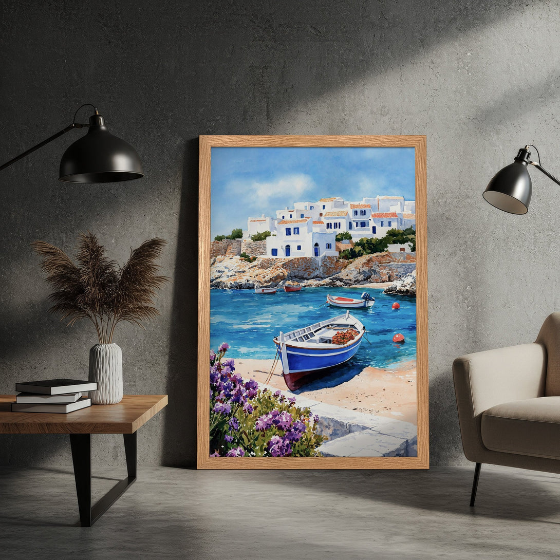 Framed Poster of a coastal village scene in watercolor style with blue, white, and earth tones. Perfect wall art!