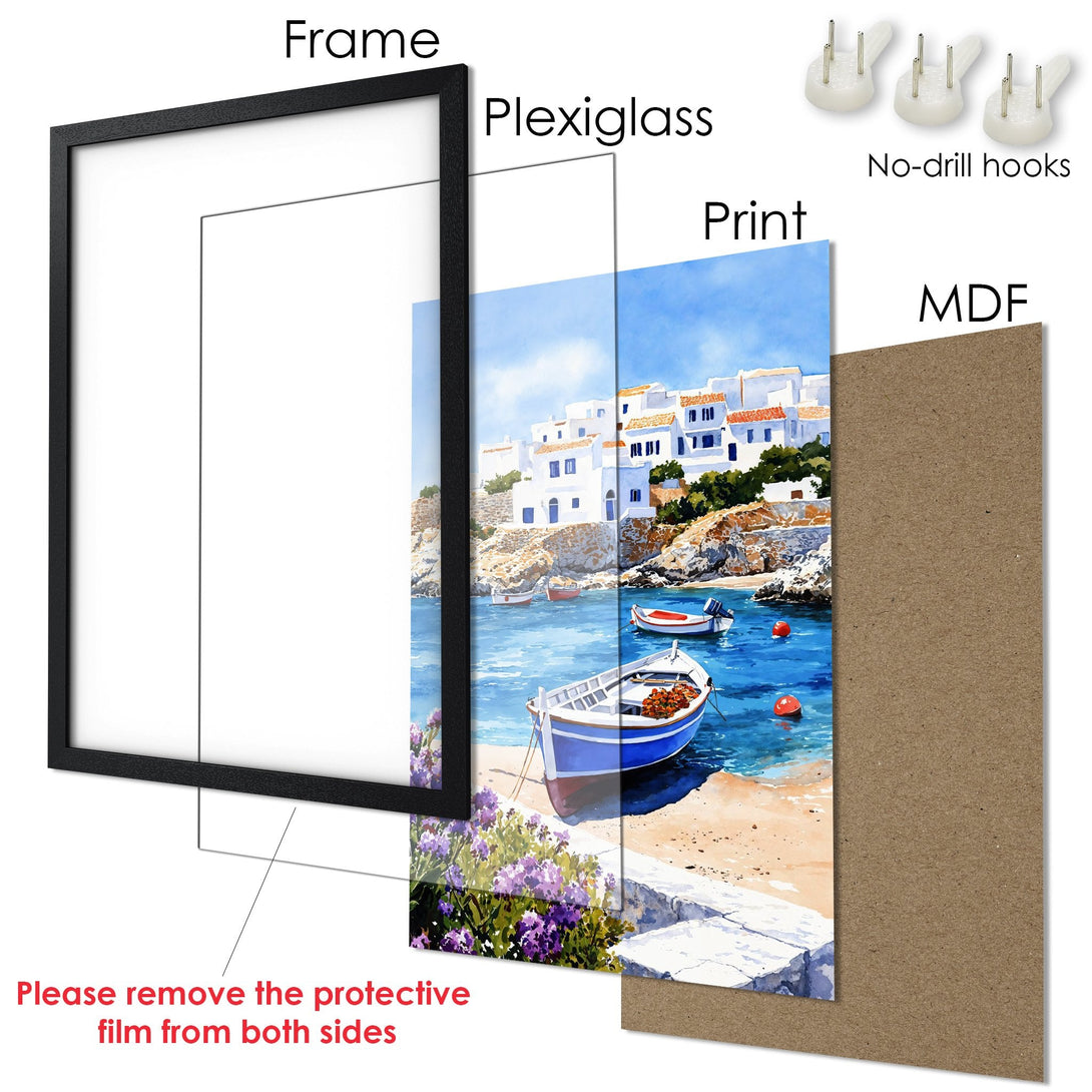 Framed Poster: Coastal watercolor art print with blue, white, and sandy tones. Perfect wall art for your home decor.