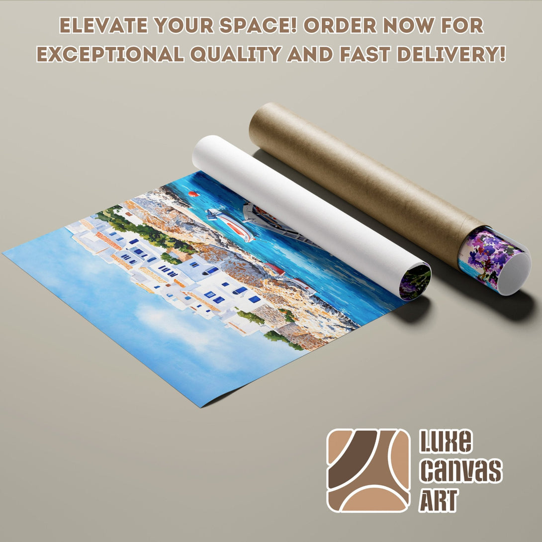 Poster Roll featuring a watercolor coastal scene with white buildings, blue sea, and sky. Elevate your space!