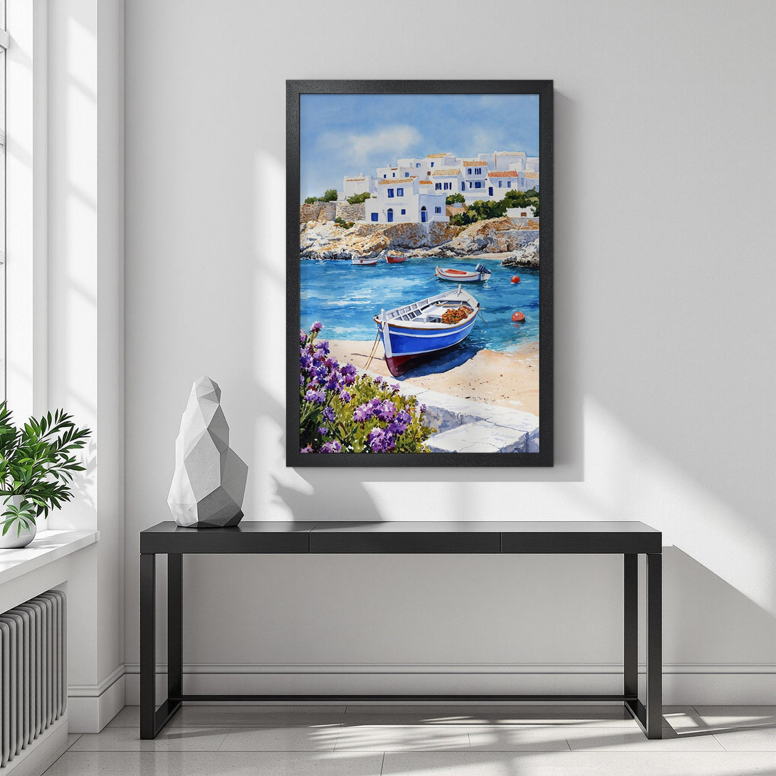 Framed Poster of coastal village scene, watercolor style, blue and white color palette. Add a touch of serenity to your space!