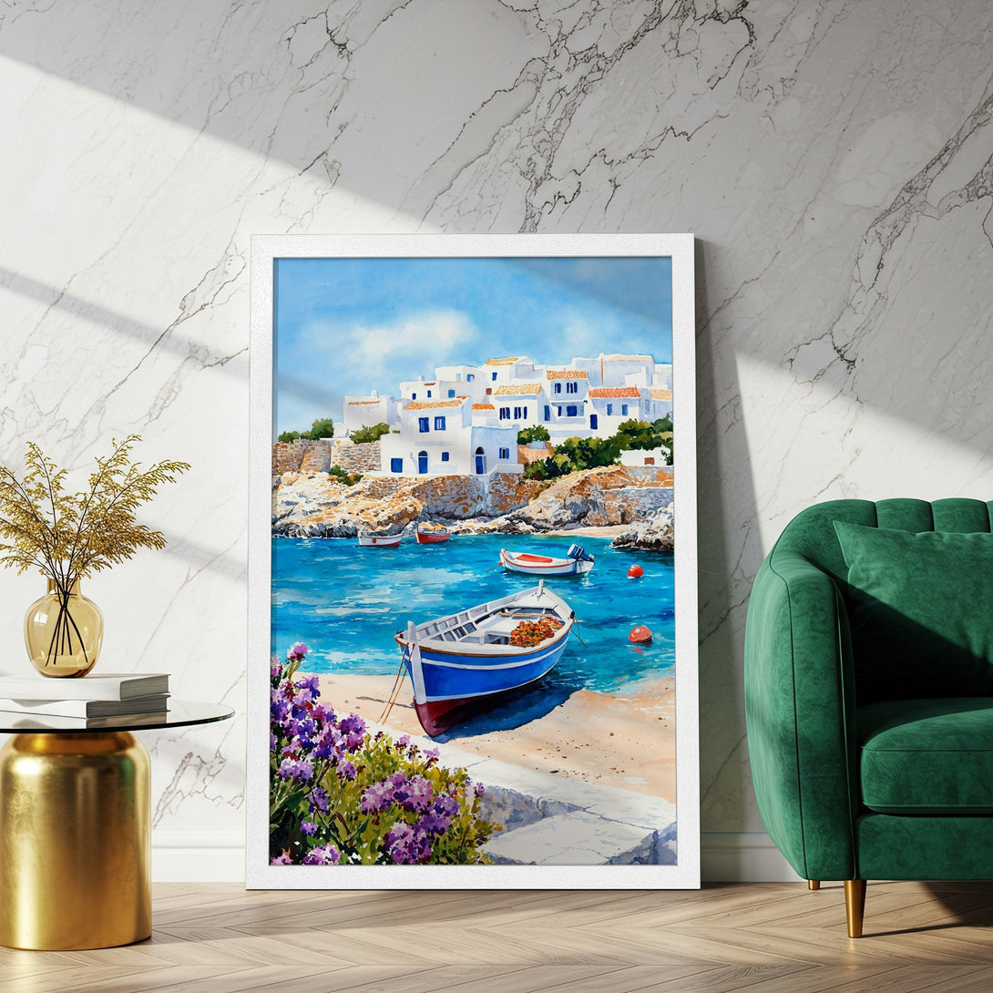 Framed Poster of a coastal village in watercolor style, featuring blue, white, and turquoise hues. Perfect art to brighten any space.