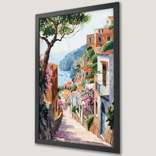 Framed Poster of a watercolor Italian coastal town, featuring colorful buildings, vibrant pink flowers, and a serene blue sea.