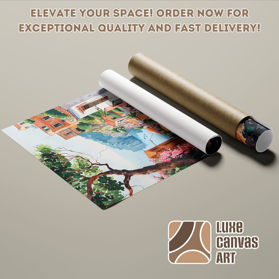 Watercolor Poster Roll featuring a scenic landscape in warm tones. Elevate your space with this beautiful art!