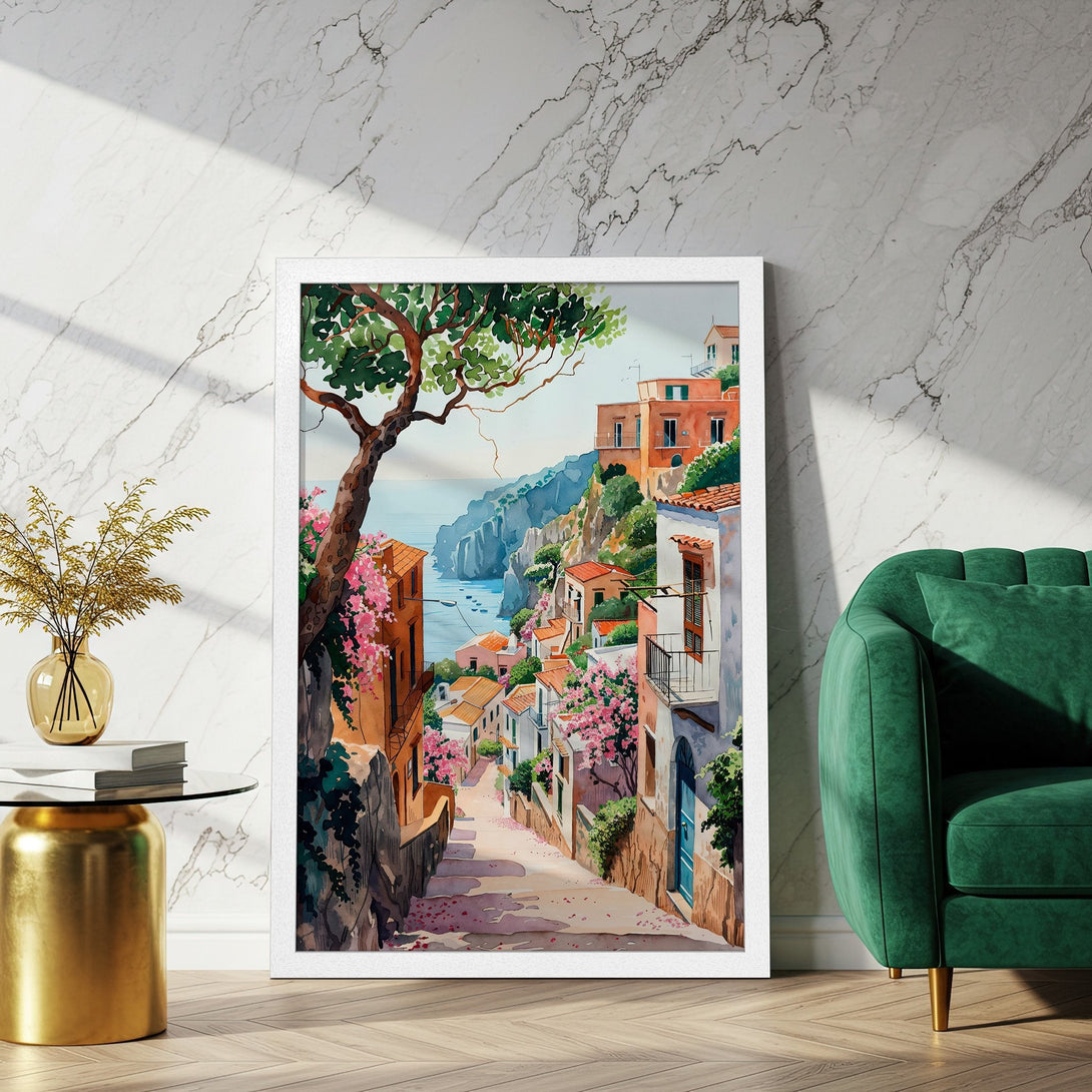 Framed Poster featuring a watercolor painting of a charming Italian village scene. Warm earth tones, pink flowers, and a touch of blue create a vibrant aesthetic.