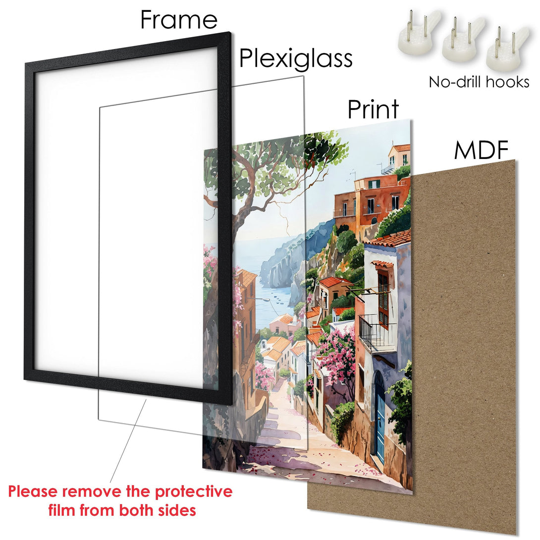 Framed Poster featuring a watercolor style Italian coastal town scene. Warm color palette with pink flowers, blue doors, and orange rooftops.