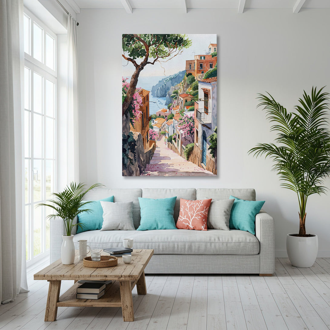 Framed Wall Art of a charming coastal town in watercolor style. Features a warm, inviting color palette with blues, pinks, and golds. Perfect for home decor!