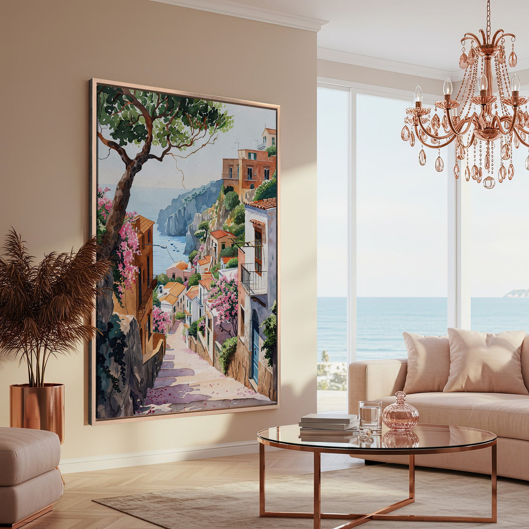 Framed Wall Art: Watercolor street scene Canvas Print in warm tones. Coastal village art with pink and green accents, perfect for adding a touch of serenity.
